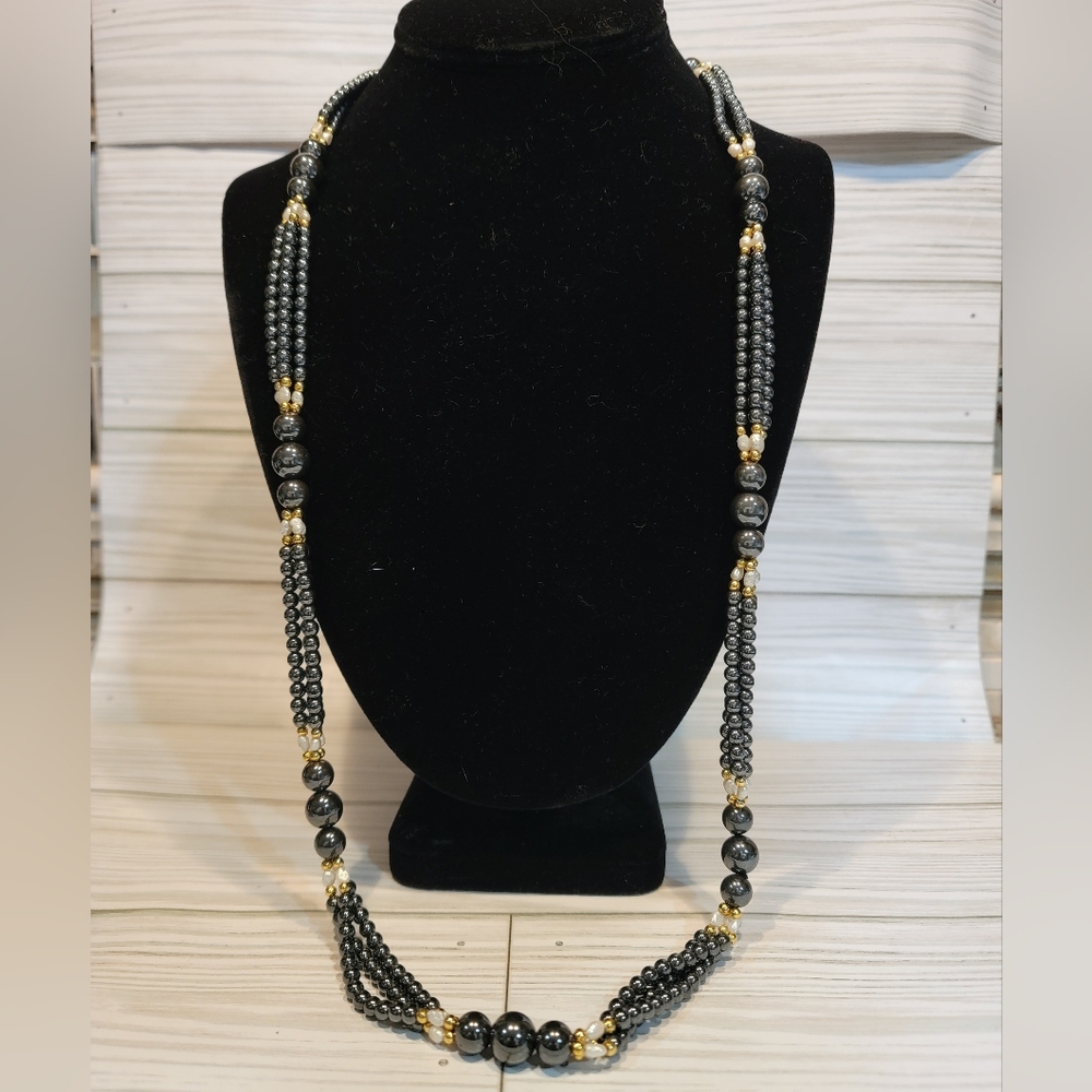 Hematite & Freshwater Pearl Infinity Necklace Earrings Set 32”